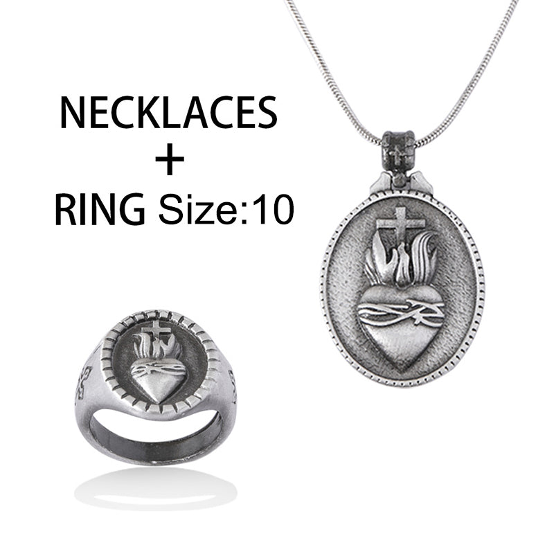Christian Jesus Sacred Heart Cross Pendant Necklace Ring Jewelry Set