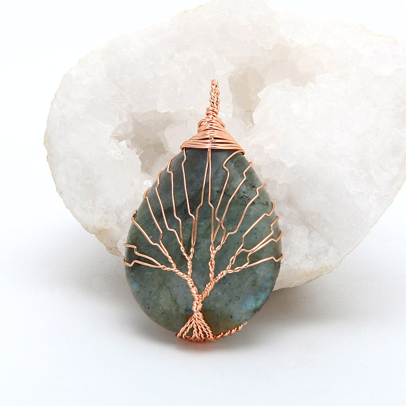 Natural Stone Crystal Droplet Tree of Life Pendant