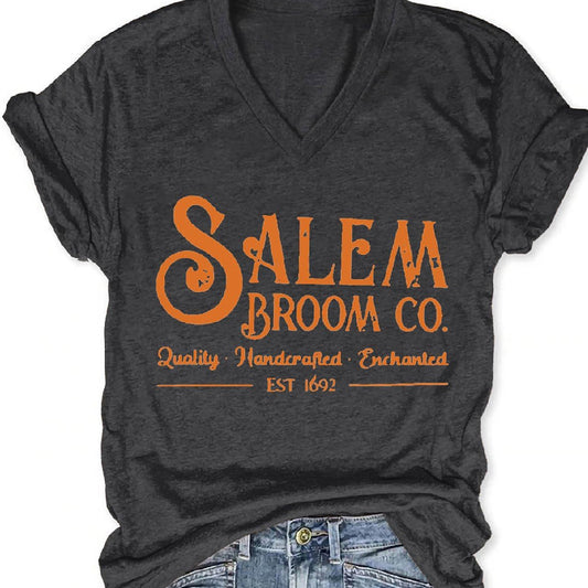 Women's Halloween Salem Broom Company V-neck T-shirt