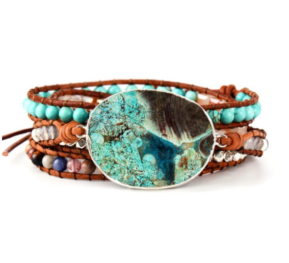 Multi-layer Winding Of Marine Gilded Edging Stones Featuring Chrysocolla