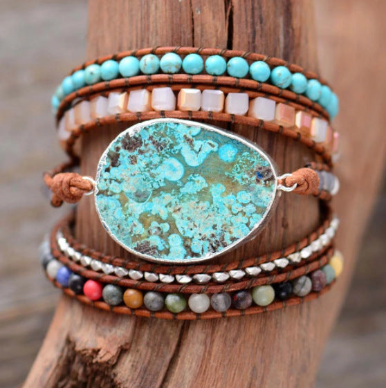 Multi-layer Winding Of Marine Gilded Edging Stones Featuring Chrysocolla