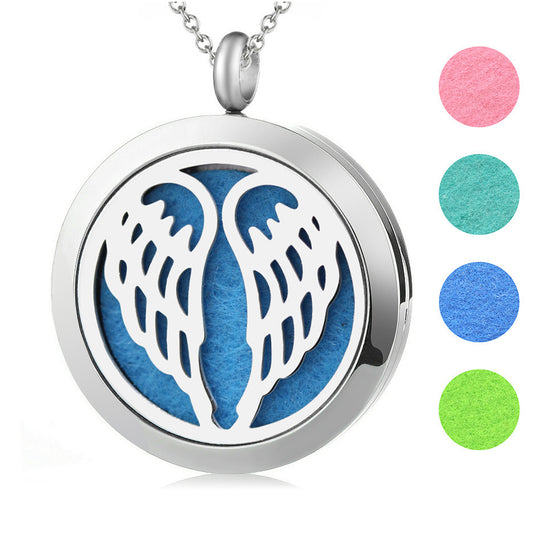 Aroma Disk Round necklace with hollow wings For Essential Oils or Your Favorite Scent