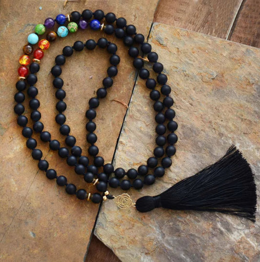 New 7 Colors 108 PCs Frosted Agate Reiki Charm Tassel Necklace Knotted Meditation Necklace
